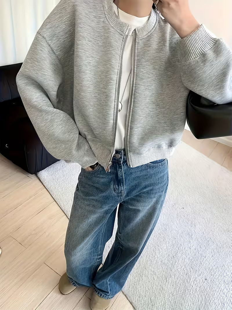 Women's Casual Elegant Gray Cropped Baseball Jacket | Long Sleeve, Button-Up Front, Pockets, All-Season Wear, Perfect for Casual Attire, Structured Design