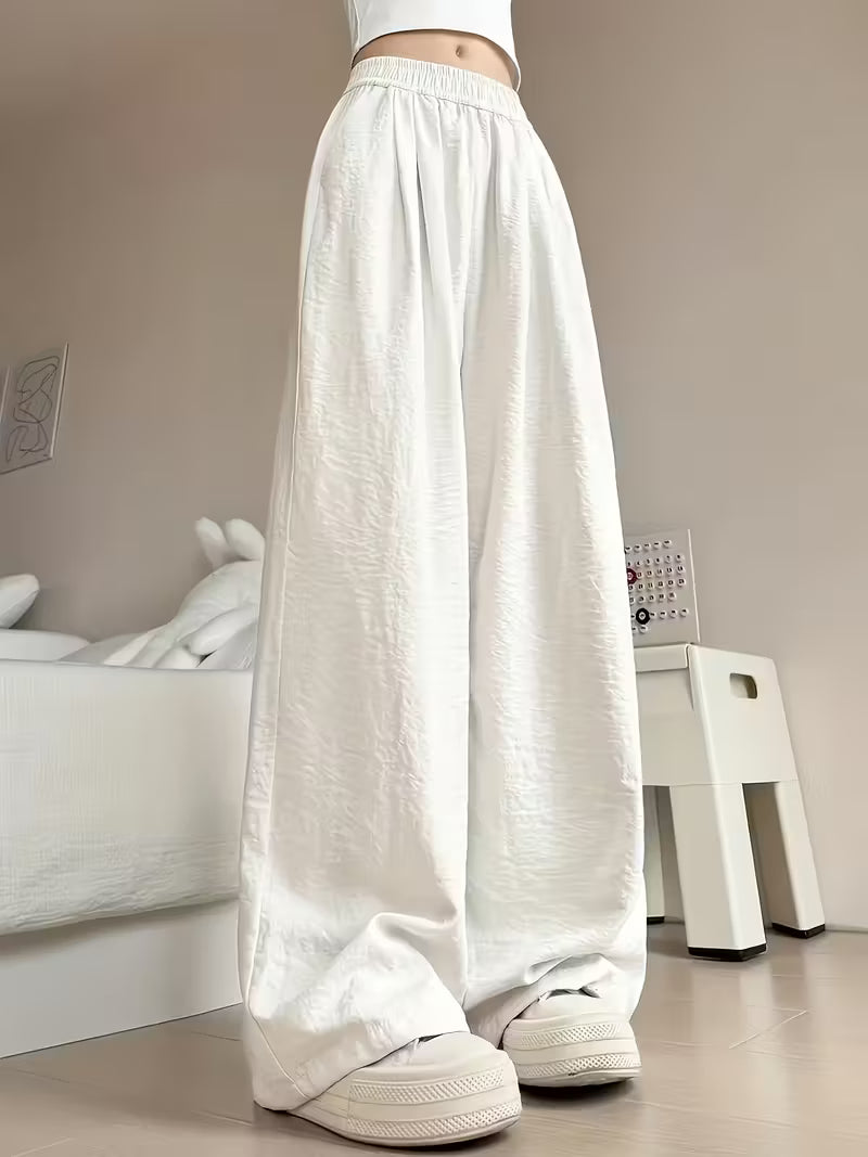 Women'S White Elegant Wide-Leg Pants - Comfortable and Stylish for Spring, Summer, and Fall, Casual Loose Fit, No Pocket Design, Perfect for Weekend Outings, Outdoor Leisure Wear | 100% Polyester Elastic Waist Adult Casual Trousers