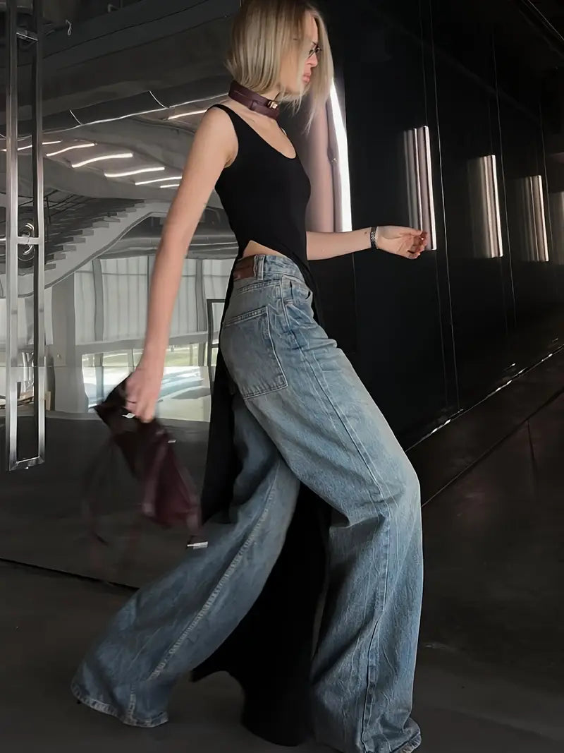 Women'S Elegant Long Tank Top - Asymmetric Hem Vest Sleeveless T-Shirt, Solid Color All-Season Versatile Top for Casual & Formal Wear