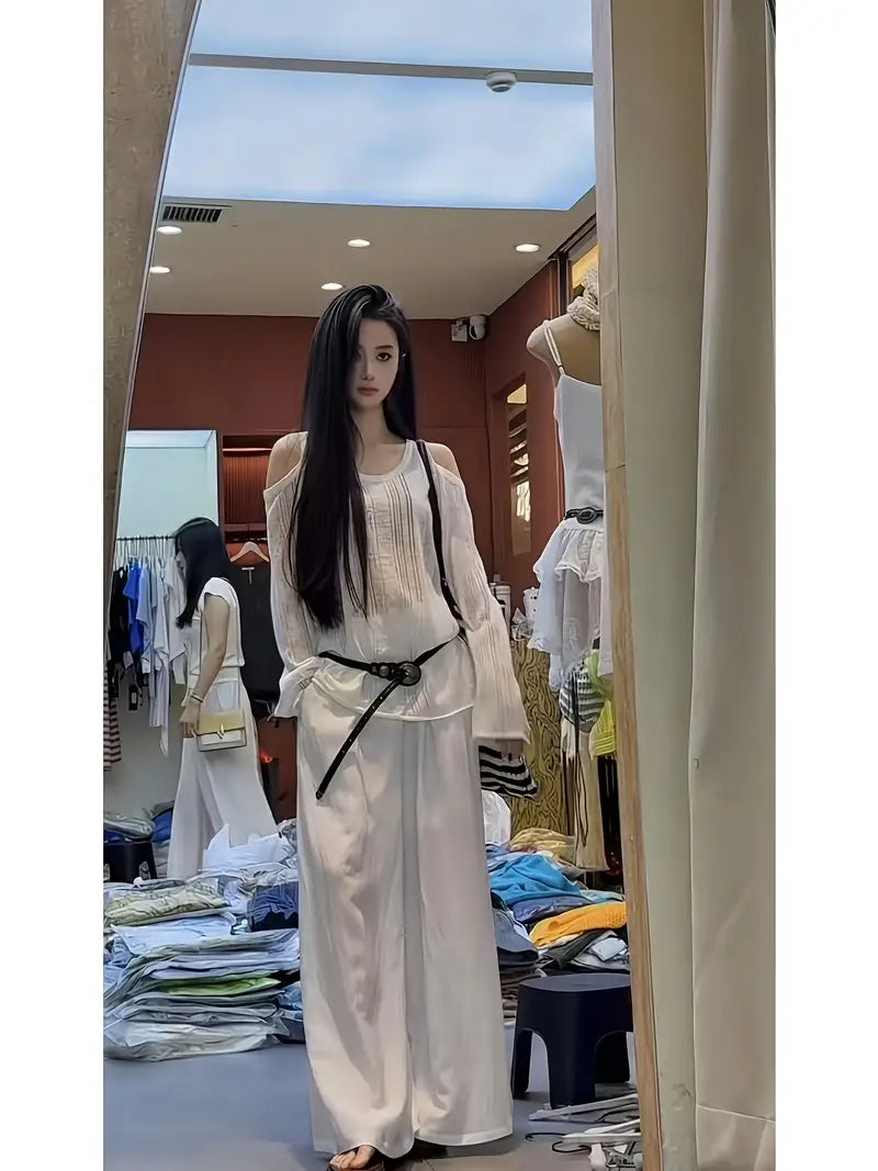 Marie·CoCo French-Inspired Off-Shoulder Top - Vintage Style, Loose Fit, White Ruffled Sleeveless Blouse for Women, Perfect for Spring/Summer/Fall, Casual Chic Outfit, Spring Summer Fashion, Offshoulder Fashion, Ruffled Sleeve Design