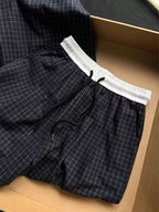 Women's Non-Stretch Pants - Elegant Casual Trousers with Drawstring Waist, Navy & Black Grid Pattern for Everyday Formal Outfits - Machine Washable Non-Stretchy Leg Pants, Summer Leisurewear, Smooth Texture Fabric