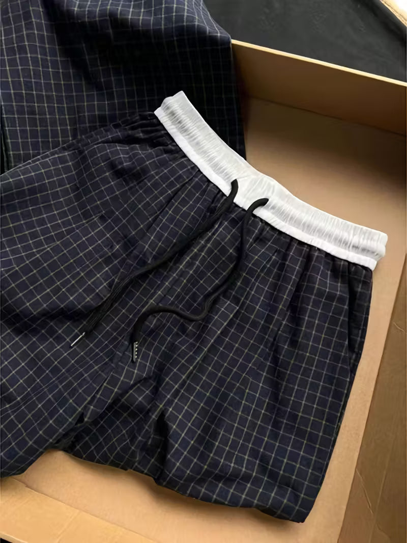 Women's Non-Stretch Pants - Elegant Casual Trousers with Drawstring Waist, Navy & Black Grid Pattern for Everyday Formal Outfits - Machine Washable Non-Stretchy Leg Pants, Summer Leisurewear, Smooth Texture Fabric