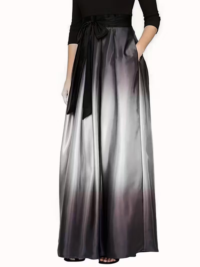 Women's Elegant Black to Gray Gradient Wide-Leg Pants with Adjustable Waistband & Pockets - Smooth Non-Stretch Fabric, All-Season Casual & Formal Trousers, Machine Washable Opaque Legwear for Work, Semi-Formal & Everyday Outfits