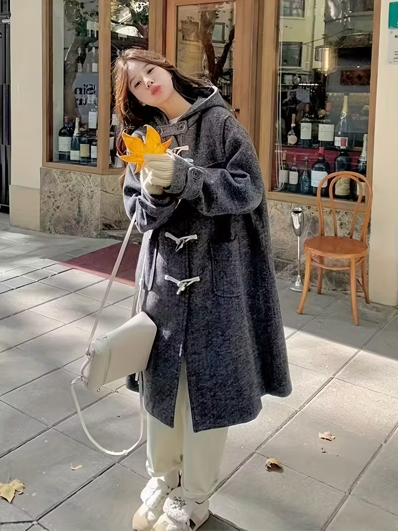 Women'S Chic Double-Breasted Tweed Coat - Thickened Autumn/Winter Outerwear with Button Details, Loose Fit, Solid Gray, Casual Style, Casual Outerwear | Buttoned Coat | Button Detailing