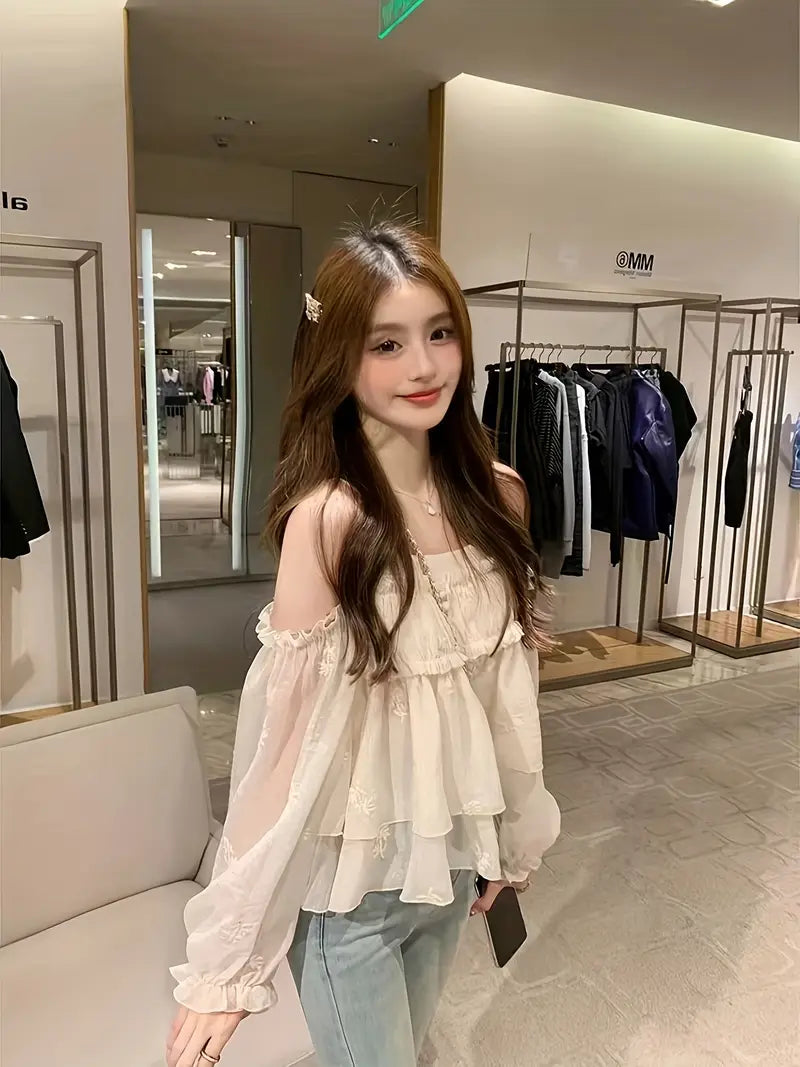 Women's Sexy Off-the-Shoulder Camisole Top with Lantern Sleeves & Embroidery - Lightweight Semi-Sheer Loose Fit Summer Beach Shirt, Machine Washable