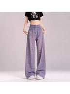 Women's High-Waisted Wide-Leg Floor-Length Denim Jeans - Purple Belted Ripped Drapes, Vintage Boho Maxi Pants for -Season Wear, Loose Fit 