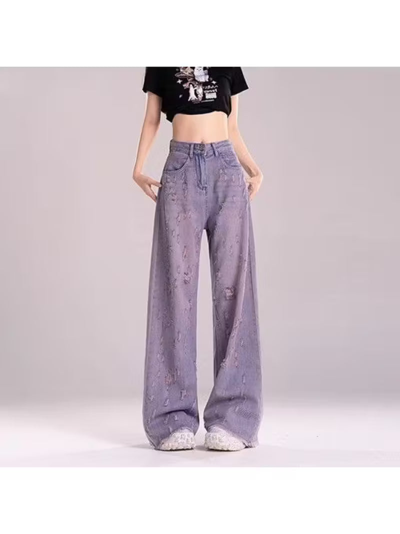 Women's High-Waisted Wide-Leg Floor-Length Denim Jeans - Purple Belted Ripped Drapes, Vintage Boho Maxi Pants for -Season Wear, Loose Fit 