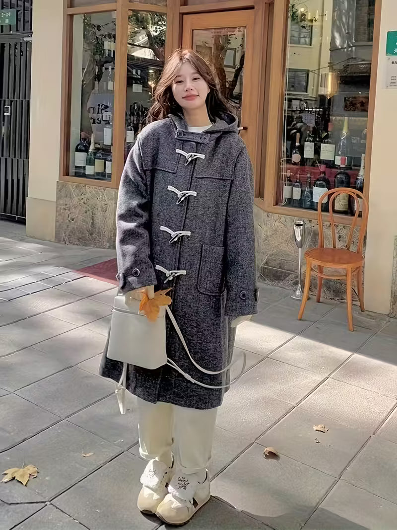 Women'S Chic Double-Breasted Tweed Coat - Thickened Autumn/Winter Outerwear with Button Details, Loose Fit, Solid Gray, Casual Style, Casual Outerwear | Buttoned Coat | Button Detailing