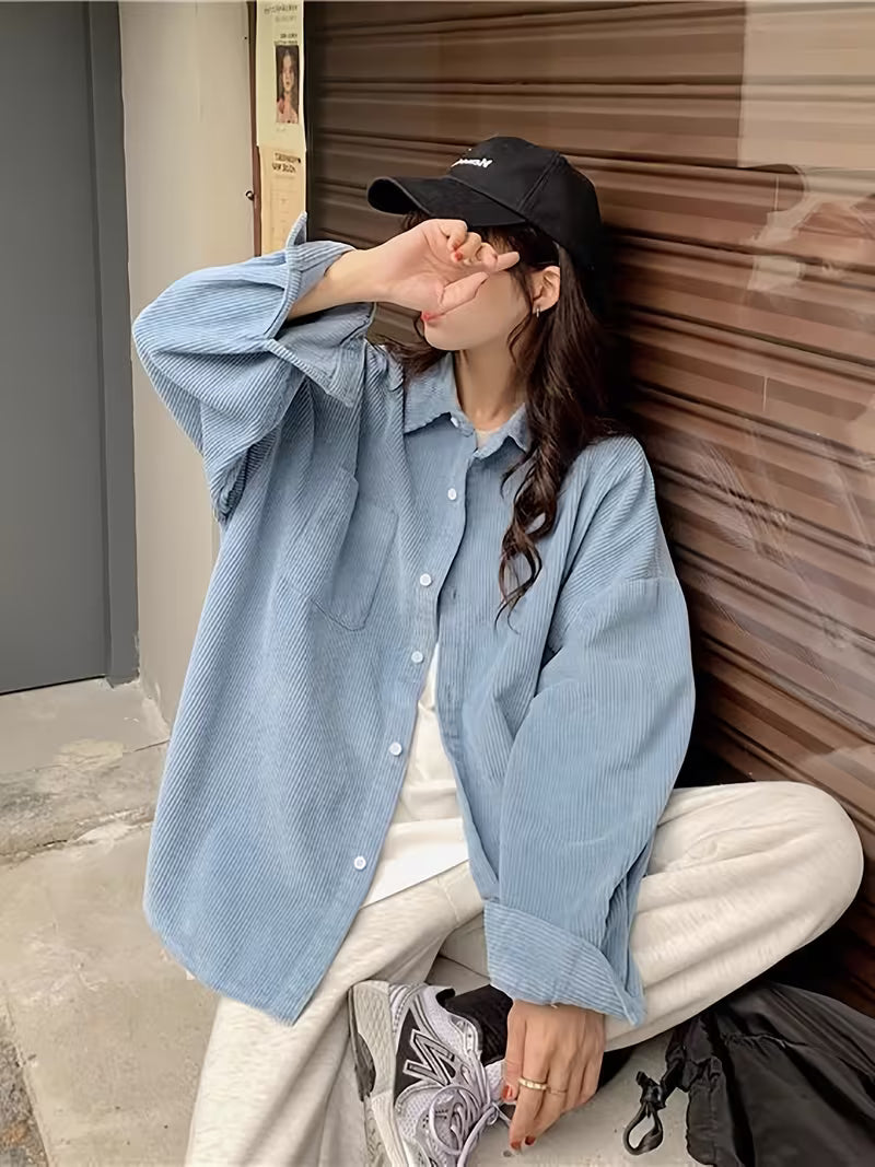 Women's Corduroy Blazer Jacket - Oversized Collar Long Sleeve Coat, Corduroy Button-Front Jacket for Spring/Fall Layering, Casual & Professional Wear (No Belt, Hand Wash/Dry Clean)