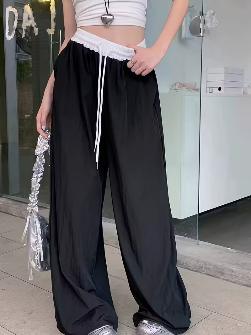 Stylish Color-Block High-Waist Elastic Waist Casual Wide-Leg Pants