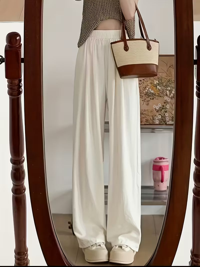 Women'S White Elegant Wide-Leg Pants - Comfortable and Stylish for Spring, Summer, and Fall, Casual Loose Fit, No Pocket Design, Perfect for Weekend Outings, Outdoor Leisure Wear | 100% Polyester Elastic Waist Adult Casual Trousers