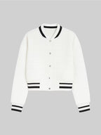 Women's Quilted Jacket with Button-Front Placket & Striped Trim - Short Casual Button-Accent Sweatshirt, Machine Washable All-Season Outerwear for Blouses/ Dresses