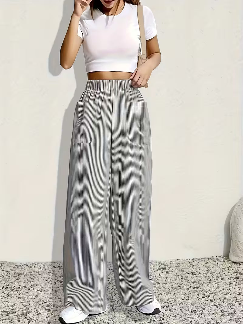 Striped Print Wide Leg Pants, Casual Elastic Waist Loose Pants for Spring & Summer, Women's Clothing