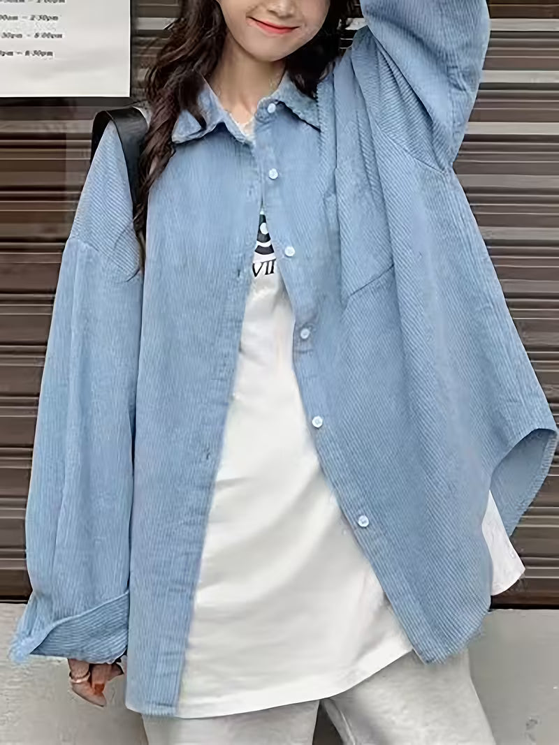 Women's Corduroy Blazer Jacket - Oversized Collar Long Sleeve Coat, Corduroy Button-Front Jacket for Spring/Fall Layering, Casual & Professional Wear (No Belt, Hand Wash/Dry Clean)