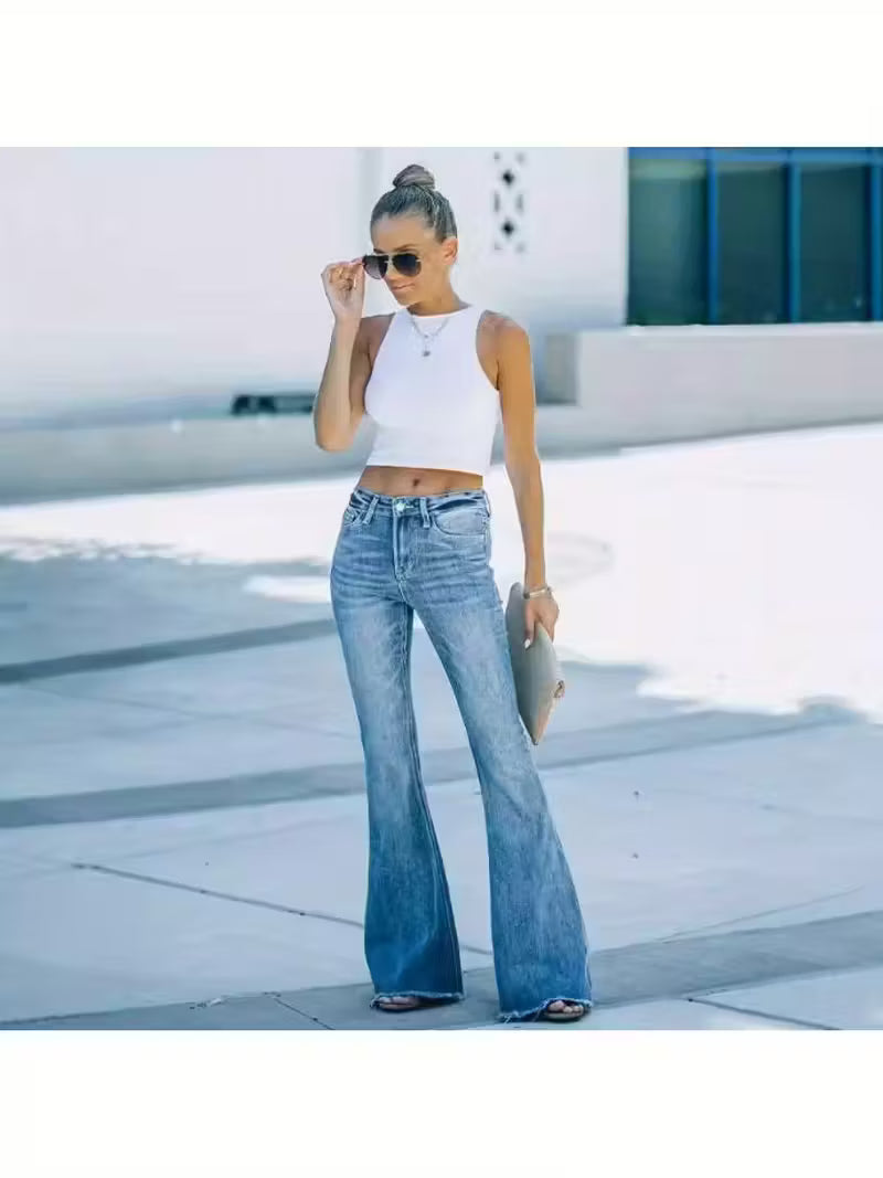 Women'S High-Waisted Flared Stretch Jeans - Slim Fit Bell Bottoms with Adjustable Belt, 2025 Autumn New Style, Elegant Solid Color, Pockets & Factory Direct, High Waisted Jeans, Casual Wear, Flared Leg Jeans, Comfortable Jeans
