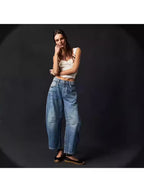 Loose Wide-Leg Pants Mid-Low Waist Washed Trousers Women