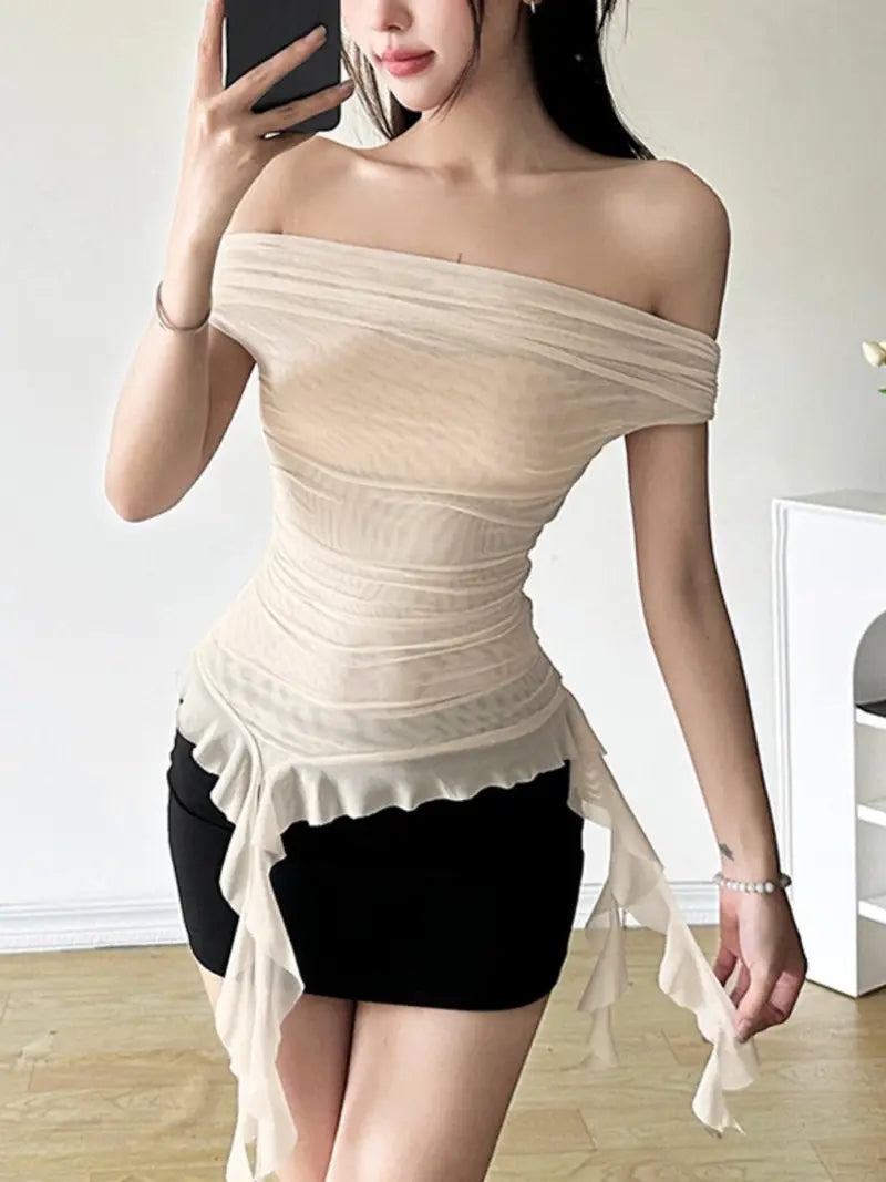 Women Off Shoulder Tops Solid Color Mesh Sheer Boat Neck Casual T-Shirts Summer Ruffles Slim Fit Shirts Streetwear