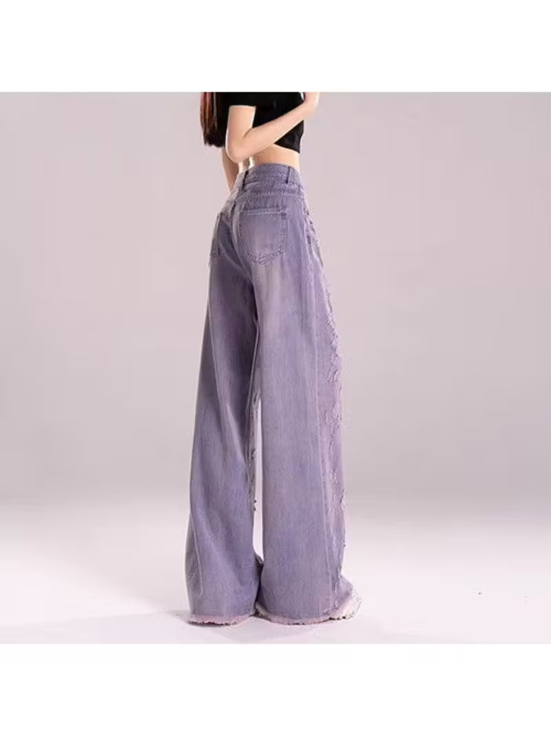 Women's High-Waisted Wide-Leg Floor-Length Denim Jeans - Purple Belted Ripped Drapes, Vintage Boho Maxi Pants for -Season Wear, Loose Fit 