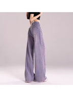 Women's High-Waisted Wide-Leg Floor-Length Denim Jeans - Purple Belted Ripped Drapes, Vintage Boho Maxi Pants for -Season Wear, Loose Fit 