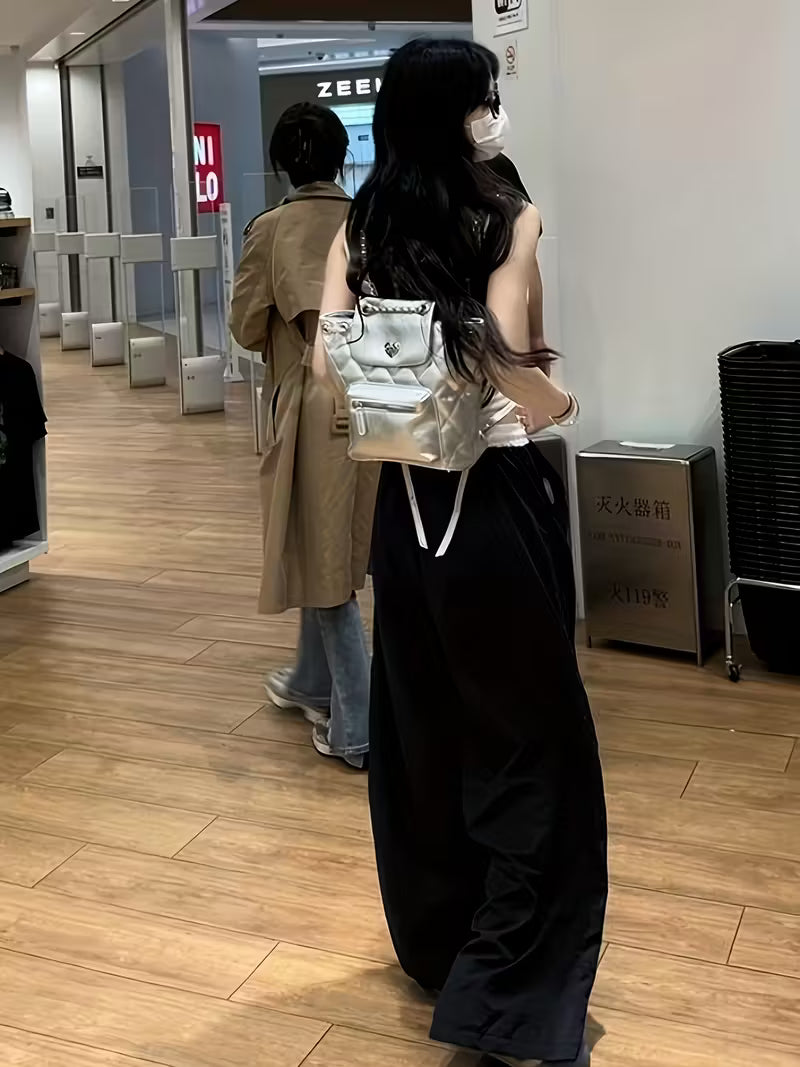 Stylish Color-Block High-Waist Elastic Waist Casual Wide-Leg Pants