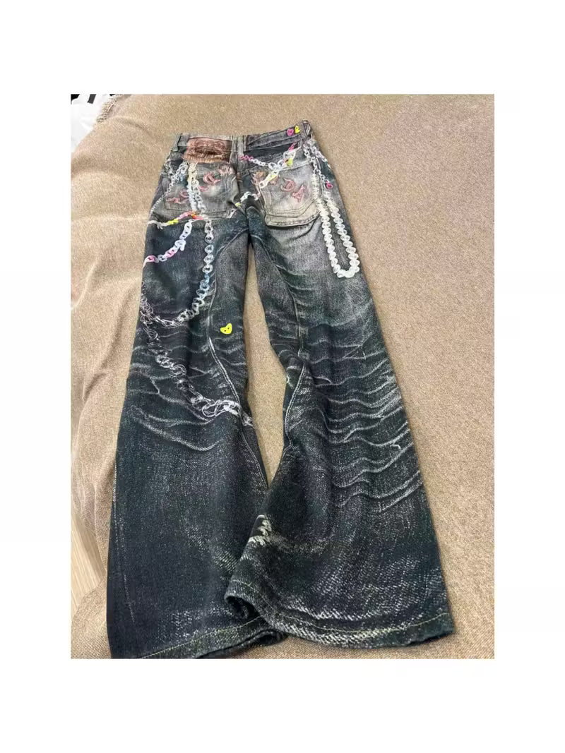 Women'S Vintage Tie-Dye Heavyweight 3D Color Chain Print Jeans - Wide-Leg Straight-Leg Mid-Rise Belted Pants with Fringe-Free Hem, All-Season Casual to Semi-Formal Wear, Non-Stretch Durable Fabric