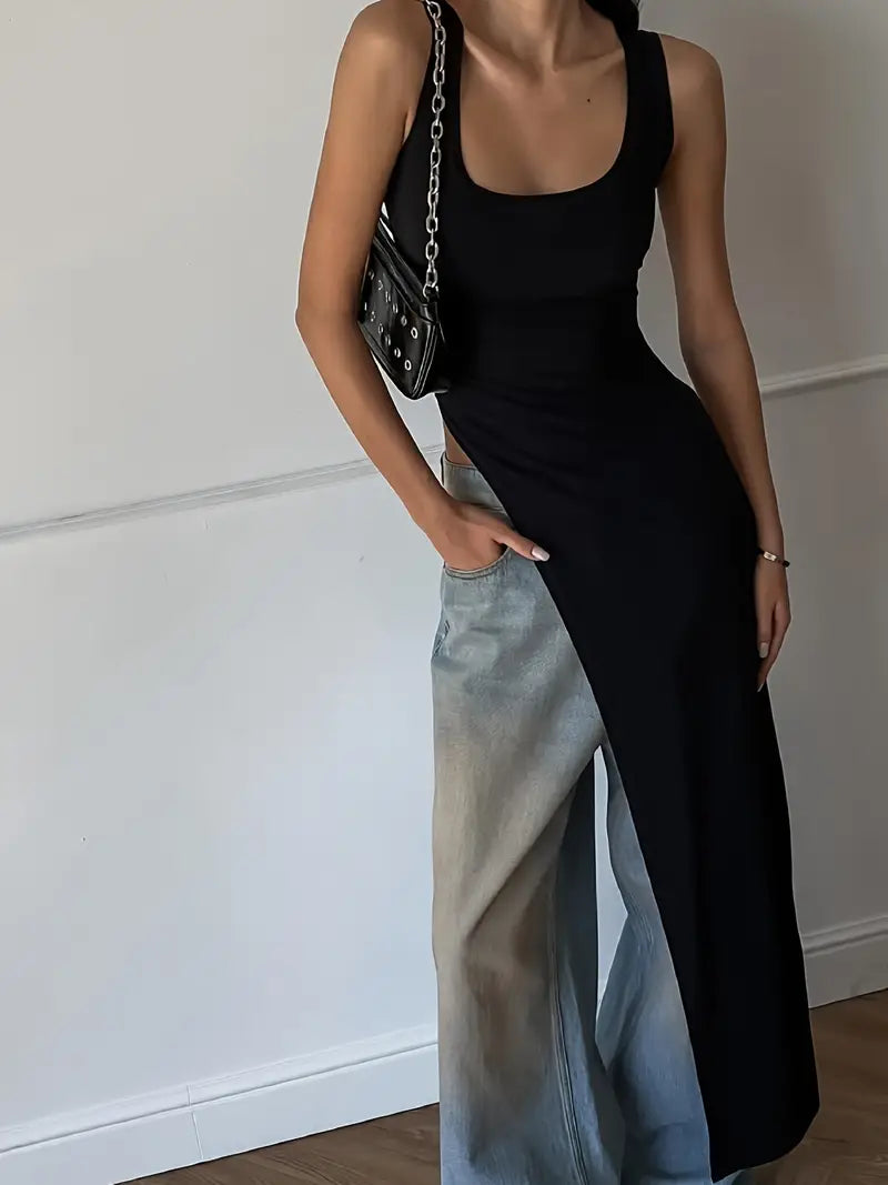 Women'S Elegant Long Tank Top - Asymmetric Hem Vest Sleeveless T-Shirt, Solid Color All-Season Versatile Top for Casual & Formal Wear