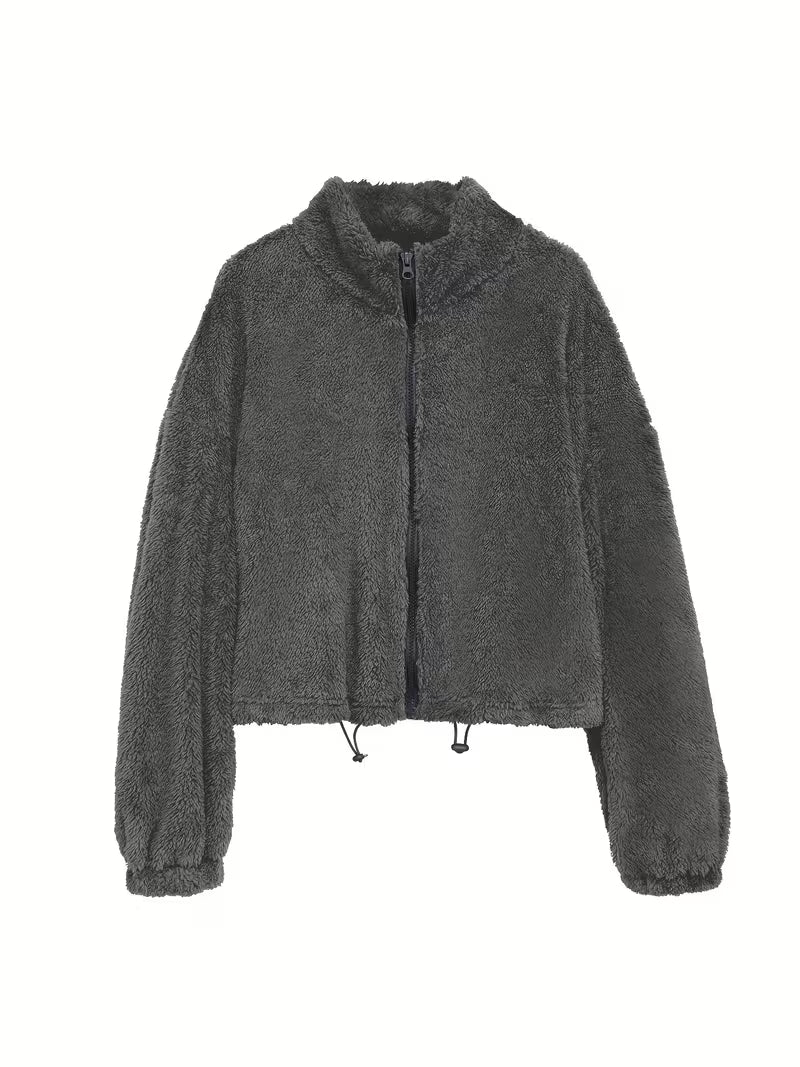 Grey Stand-up Collar Coat For Women, Loose Zipper Cardigan For Autumn And Winter, Short Thick And Warm Plush Top, Dress, Elegant, Winter, Long Dress, Winter Jacket, Sweater, Pullover, Autumn And Winter Set, Halloween, Christmas