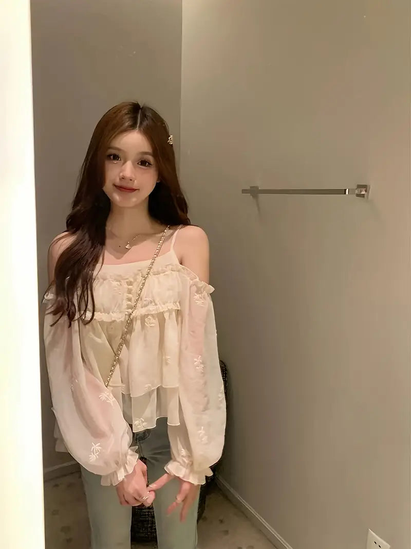 Women's Sexy Off-the-Shoulder Camisole Top with Lantern Sleeves & Embroidery - Lightweight Semi-Sheer Loose Fit Summer Beach Shirt, Machine Washable