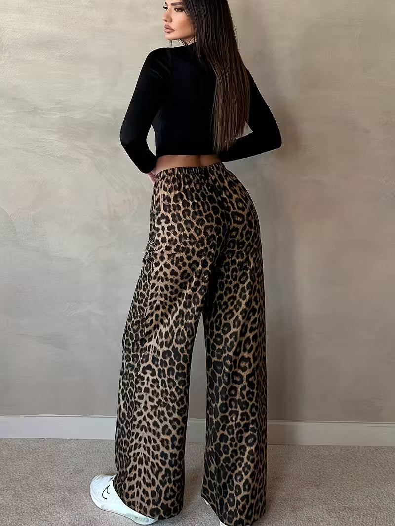 Women's Leopard Print Wide-Leg Pants | Casual All-Season Trousers with Pockets, Machine Washable & Versatile for Casual Attire