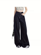 Women'S High-Waist Wide-Leg Jeans - Dark Blue Loose Fit Draped Denim Pants with Pockets, Relaxed American Style for Casual & Stylish Outfits, High Waisted Jeans, Comfortable Fashion, Durable Fabric