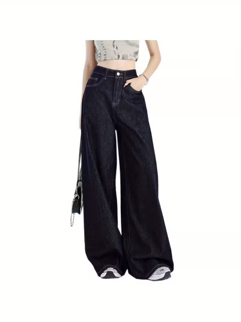 Women'S High-Waist Wide-Leg Jeans - Dark Blue Loose Fit Draped Denim Pants with Pockets, Relaxed American Style for Casual & Stylish Outfits, High Waisted Jeans, Comfortable Fashion, Durable Fabric