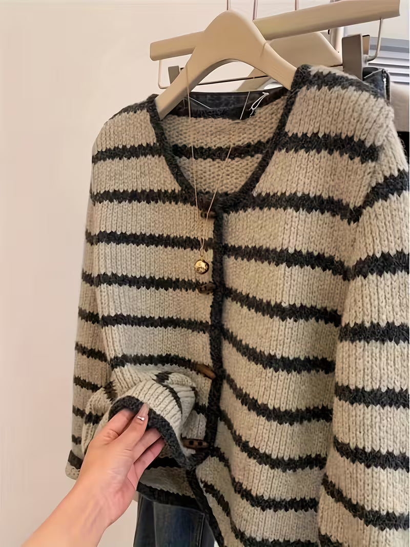 Women'S Vintage Sweater cardigan - Soft Loose Fit Jacket with Front Button Closure, & Brown Horizontal Stripes, All-Season Layering Piece for Casual Formal Outfits - Easy Care Everyday Chic Outerwear