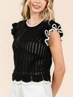 Womens Casual Knit Chic Contrast Ruffle Trim Diamond Pattern Sleeveless Crop Top Black White Scalloped Hem Round Neck Textured Summer Spring Party Evening Date Night Weekend