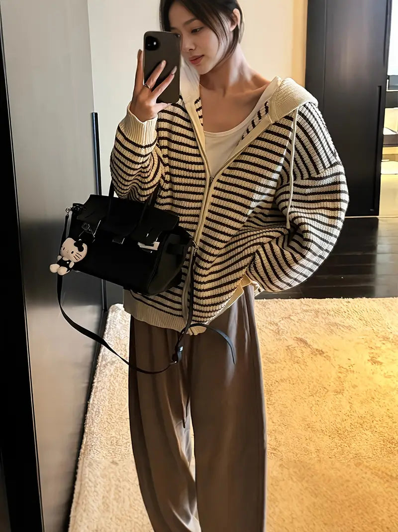 1pc Women's Oversized Striped Sweater Coat - Beige/Brown/White Horizontal Stripes Hooded Zipper Cardigan with Drawstring Collar, Relaxed Loose Fit Long Sleeve Coat for Spring & Fall, Machine Washable Casual Outerwear