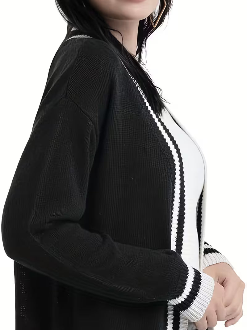 1pc Women's Black Oversized Long Sleeve Cardigan Jacket - High-Stretch Winter Coat with Front Opening & Pockets, -Free Collar, Hand Washable Sweater for Fall/Winter Layering (Casual & Formal Wear)