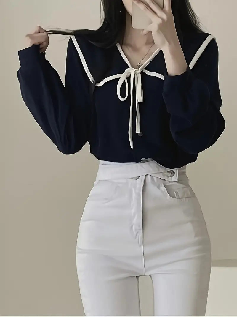 Women'S French Elegant Blouse - Loose Fit Long Sleeve Shirt with Classic Collar, Machine Washable Office & Everyday Tops for Women