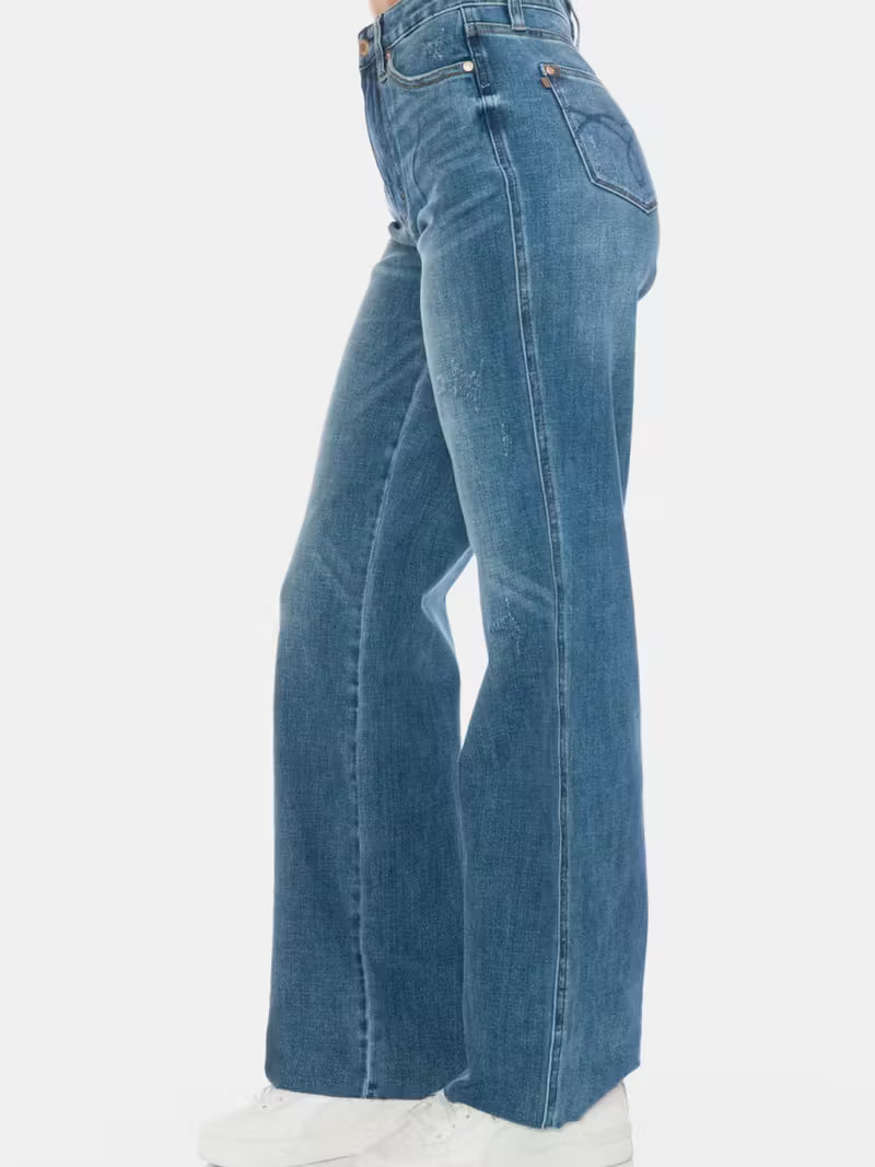 Women's Casual Straight Jeans Retro Tummy Control Denim Pants Medium Wash High-Rise Full-Length Distressed Detailing Button And Zip Closure Five-Pocket Design Relaxed Fit Perfect For All-Seasons Evertday Wear Outings Travel Weekend Looks