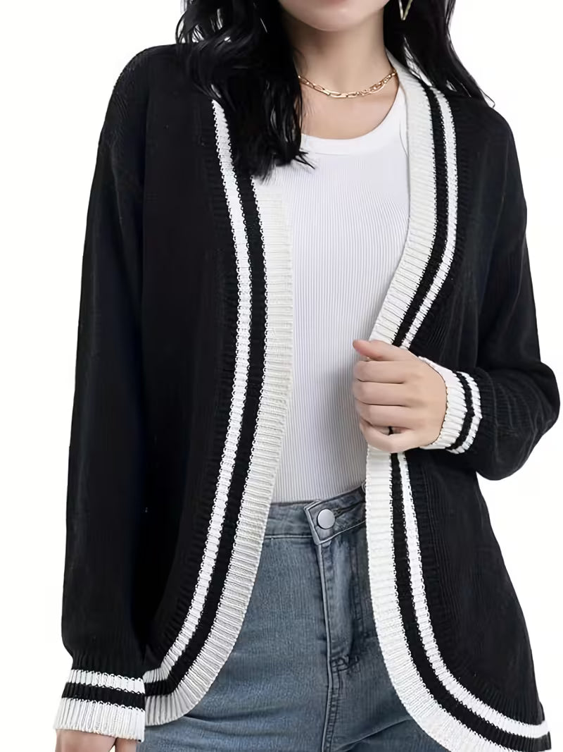 1pc Women's Black Oversized Long Sleeve Cardigan Jacket - High-Stretch Winter Coat with Front Opening & Pockets, -Free Collar, Hand Washable Sweater for Fall/Winter Layering (Casual & Formal Wear)