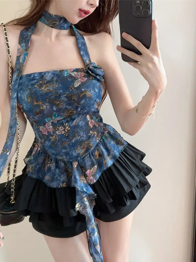 Women's French Style Halter Neck Tank Top - Delicate Butterfly Print & Romantic Ruffle Hem Sleeveless Crop Top, Sexy Streetwear Essential for Spring/Autumn, Machine Washable Regular Fit, Casual Chic Outfit | Offshoulder Fashion | Flowy Fabric Texture