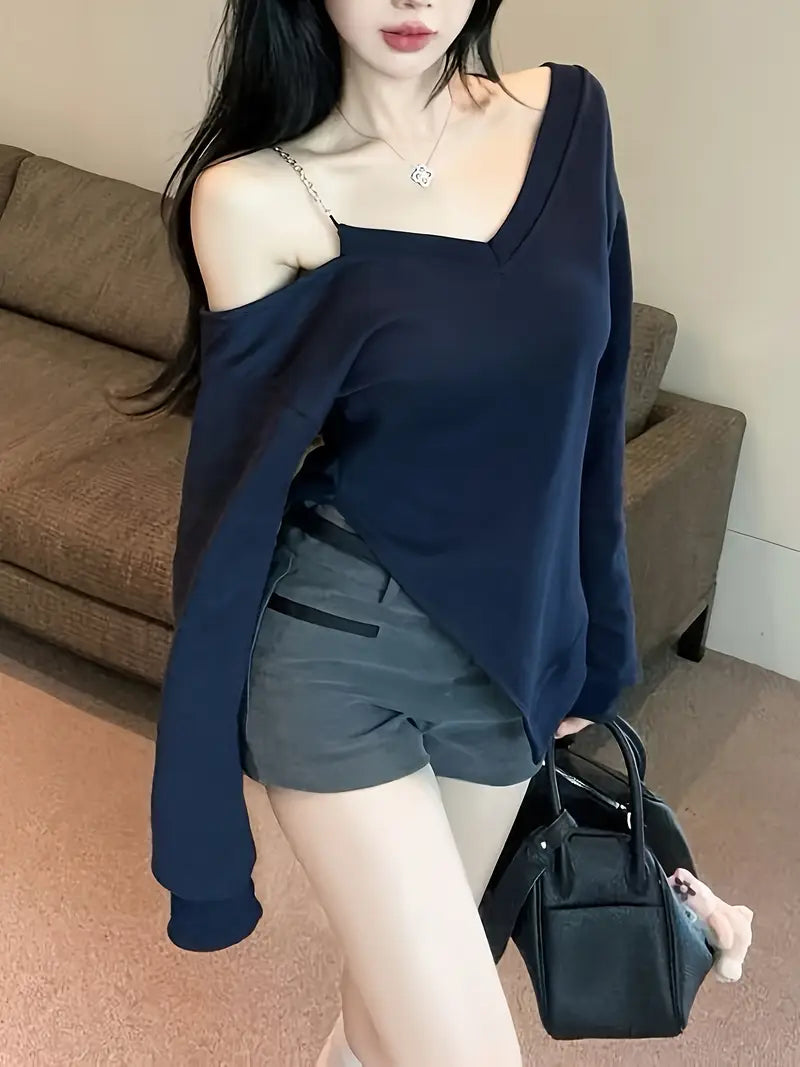 Dopamine Long-Sleeve V-Neck Top for Women, Vintage Pure Desire Sexy Off-Shoulder Asymmetrical Fitted with Pleats