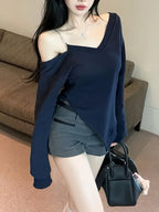 Dopamine Long-Sleeve V-Neck Top for Women, Vintage Pure Desire Sexy Off-Shoulder Asymmetrical Fitted with Pleats