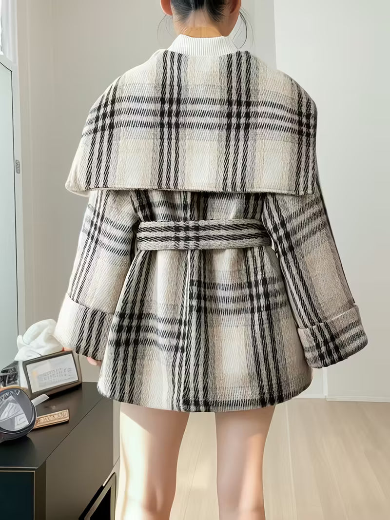 Women'S Korean-Inspired Navy Blue & White Gingham Checkered Tweed Coat - Autumn Winter Casual Chic Belted Waist Long Sleeve Coat with Pockets