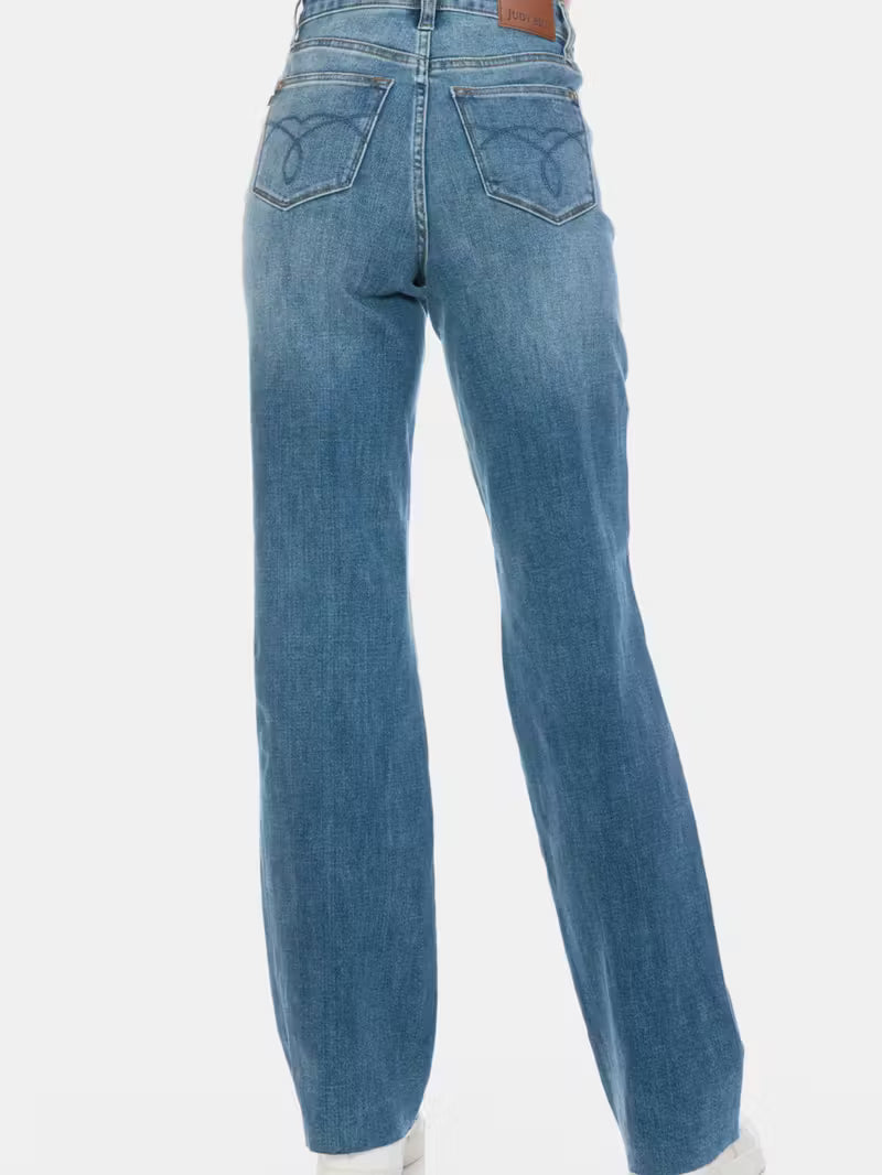 Women's Casual Straight Jeans Retro Tummy Control Denim Pants Medium Wash High-Rise Full-Length Distressed Detailing Button And Zip Closure Five-Pocket Design Relaxed Fit Perfect For All-Seasons Evertday Wear Outings Travel Weekend Looks