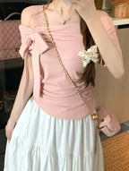 Chic Off-Shoulder Ruffle Top with Bow Detail - Versatile, Slimming, Short Sleeve T-Shirt for Young Women, Spring/Summer Fashion, Casual Attire|Chic Offshoulder Top|Ruffle Detail Top, Offshoulder Tops