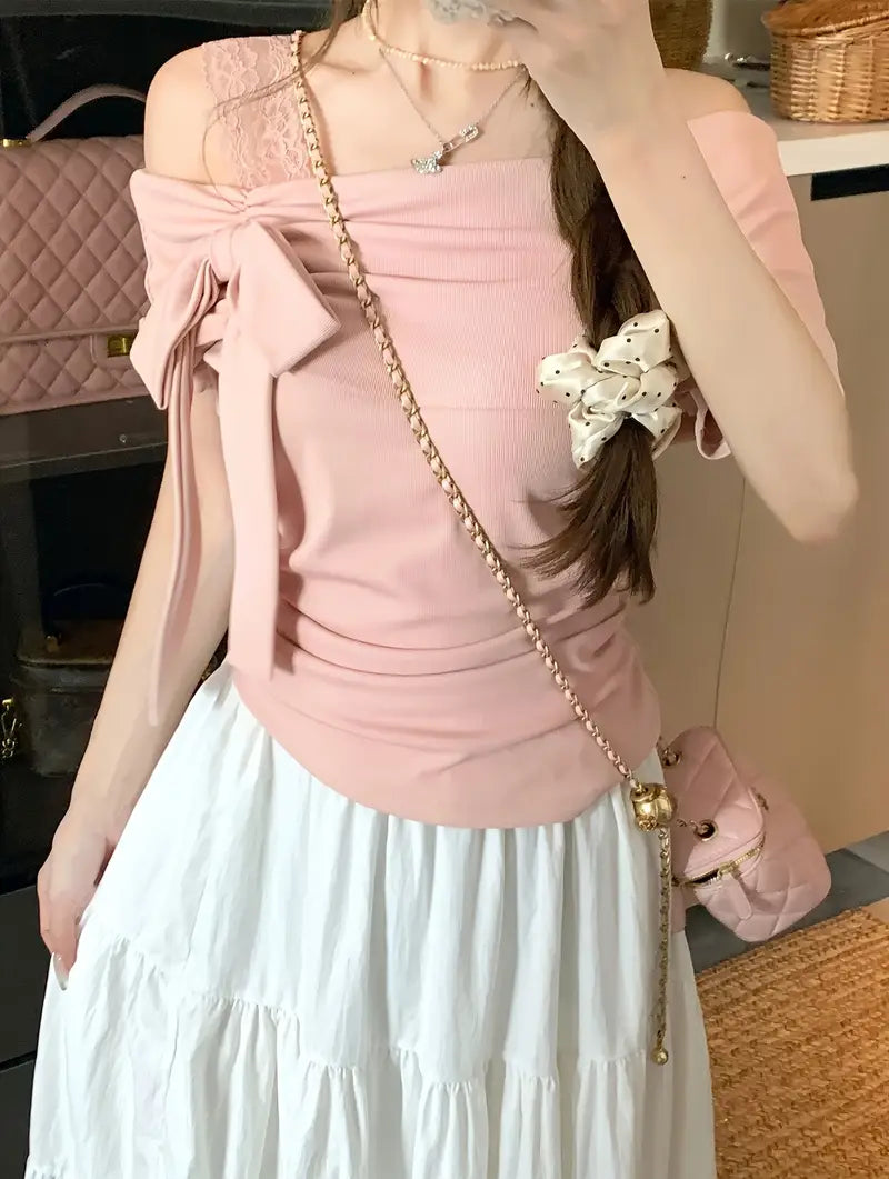 Chic Off-Shoulder Ruffle Top with Bow Detail - Versatile, Slimming, Short Sleeve T-Shirt for Young Women, Spring/Summer Fashion, Casual Attire|Chic Offshoulder Top|Ruffle Detail Top, Offshoulder Tops
