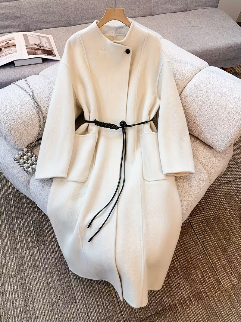 Women's Elegant Beige Winter Coat - Formal & Everyday Outerwear with Waist Belt, Structured Cold-Weather Jacket for Office, Parties, Everyday Outfits