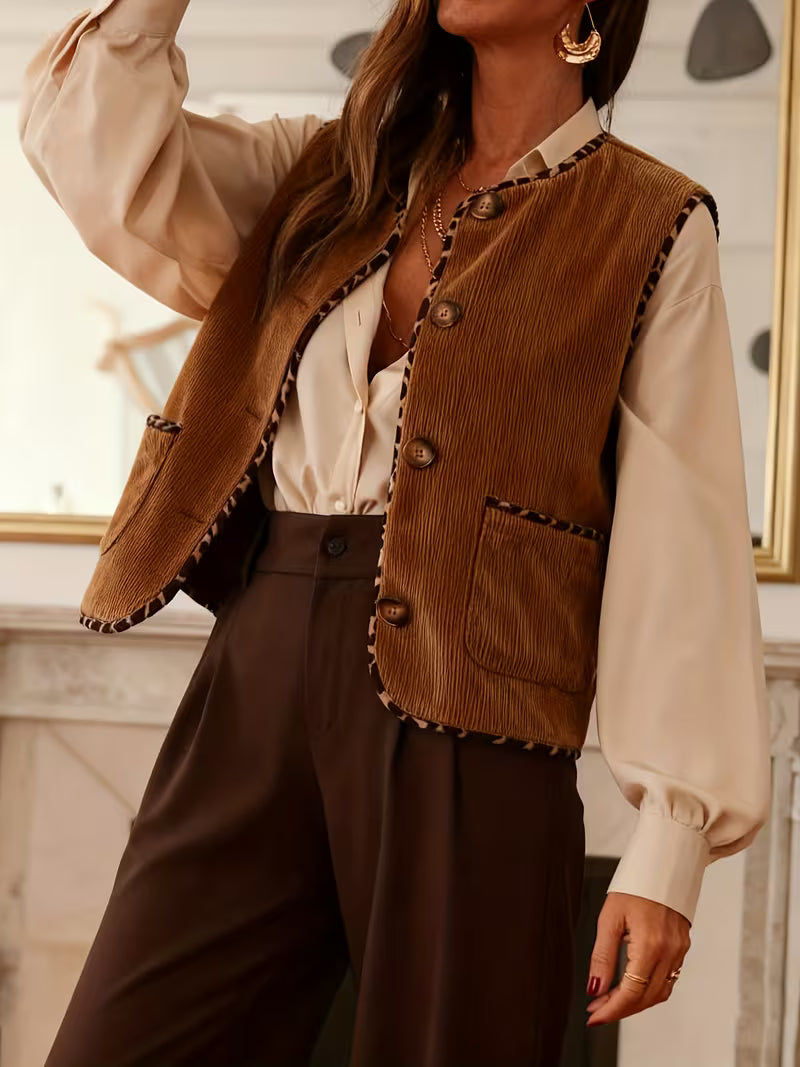 Women's Leopard Print Button-Front Sleeveless Blazer Jacket - Elegant Spring/Fall Outerwear with Open Collar, Machine Washable Coat for, Semi-Formal Events & Casual Outfits