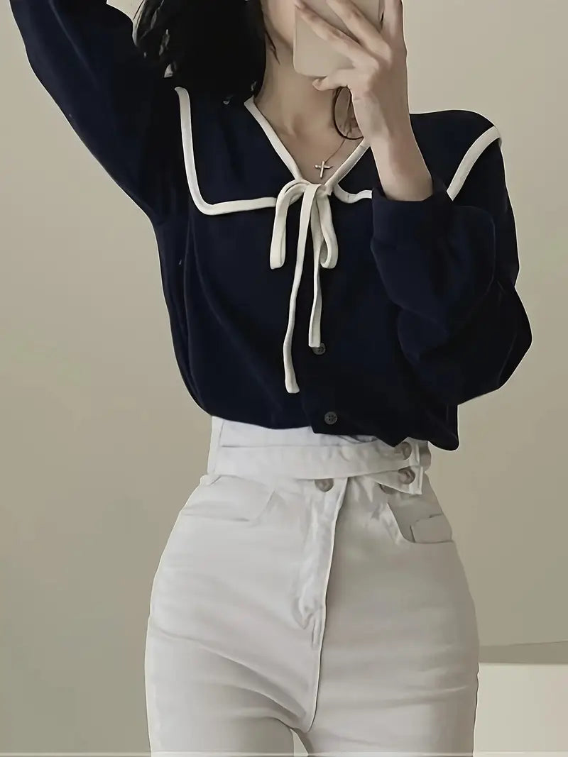 Women'S French Elegant Blouse - Loose Fit Long Sleeve Shirt with Classic Collar, Machine Washable Office & Everyday Tops for Women