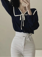 Women'S French Elegant Blouse - Loose Fit Long Sleeve Shirt with Classic Collar, Machine Washable Office & Everyday Tops for Women