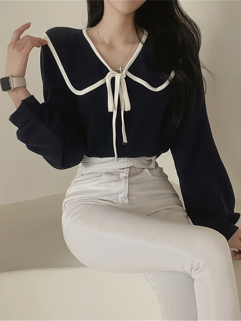 Women'S French Elegant Blouse - Loose Fit Long Sleeve Shirt with Classic Collar, Machine Washable Office & Everyday Tops for Women